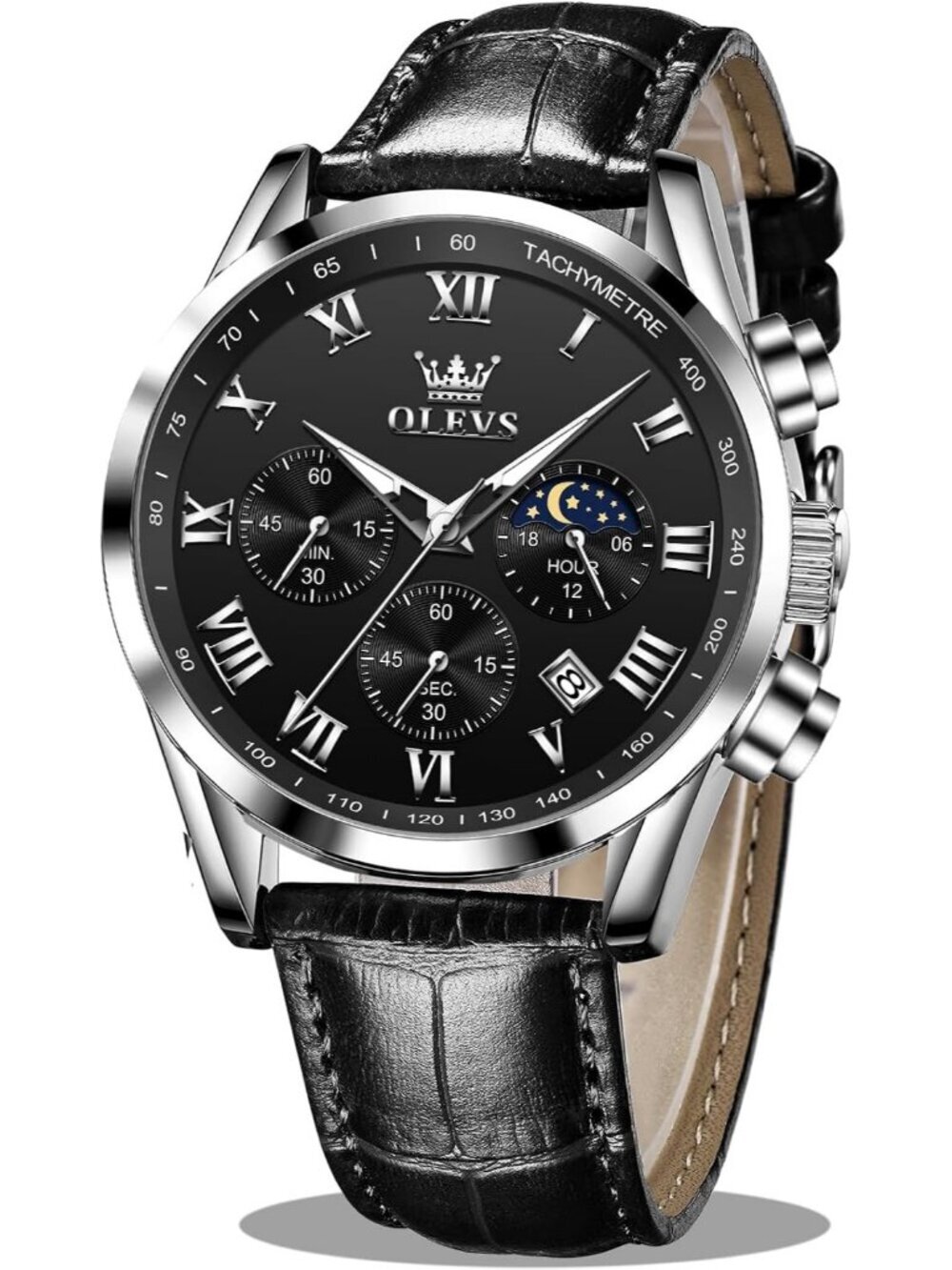 Men's All Black Leather Analog Quartz Luxury Chronograph Waterproof Wrist Watch